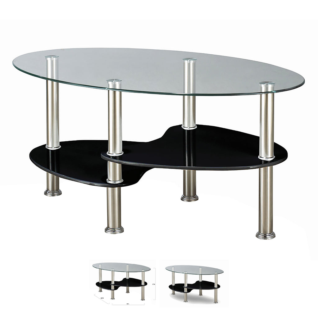 Bebelelo 6mm Modern Coffee Table with Glass Top - Black Shelf and Chrome Legs