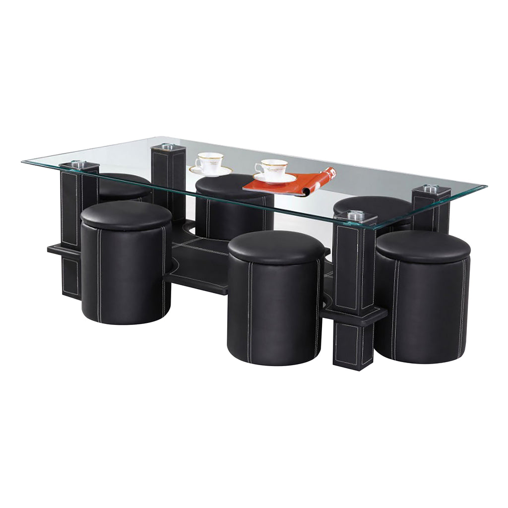 Bebelelo Coffee Table Set with 6 Stools, Black Glass Top and Contrast Stitching