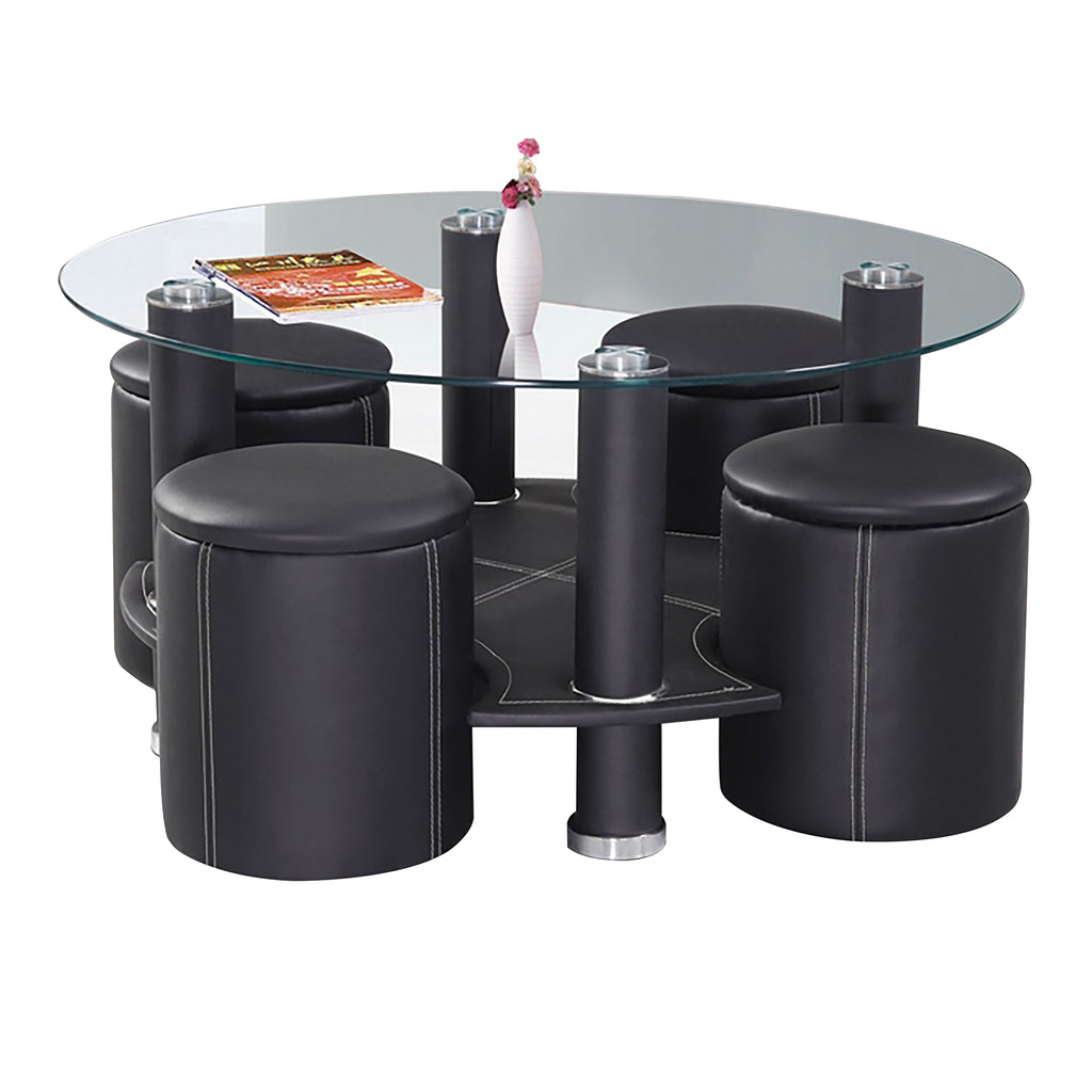 Bebelelo Coffee Table Set with 4 Stools, Black Glass Top and Contrast Stitching