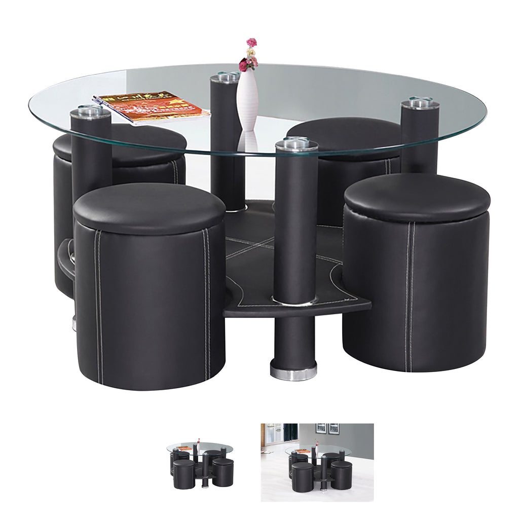 Bebelelo Coffee Table Set with 4 Stools, Black Glass Top and Contrast Stitching