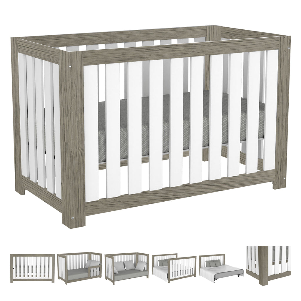 Adriana convertible baby crib, light gray and white.