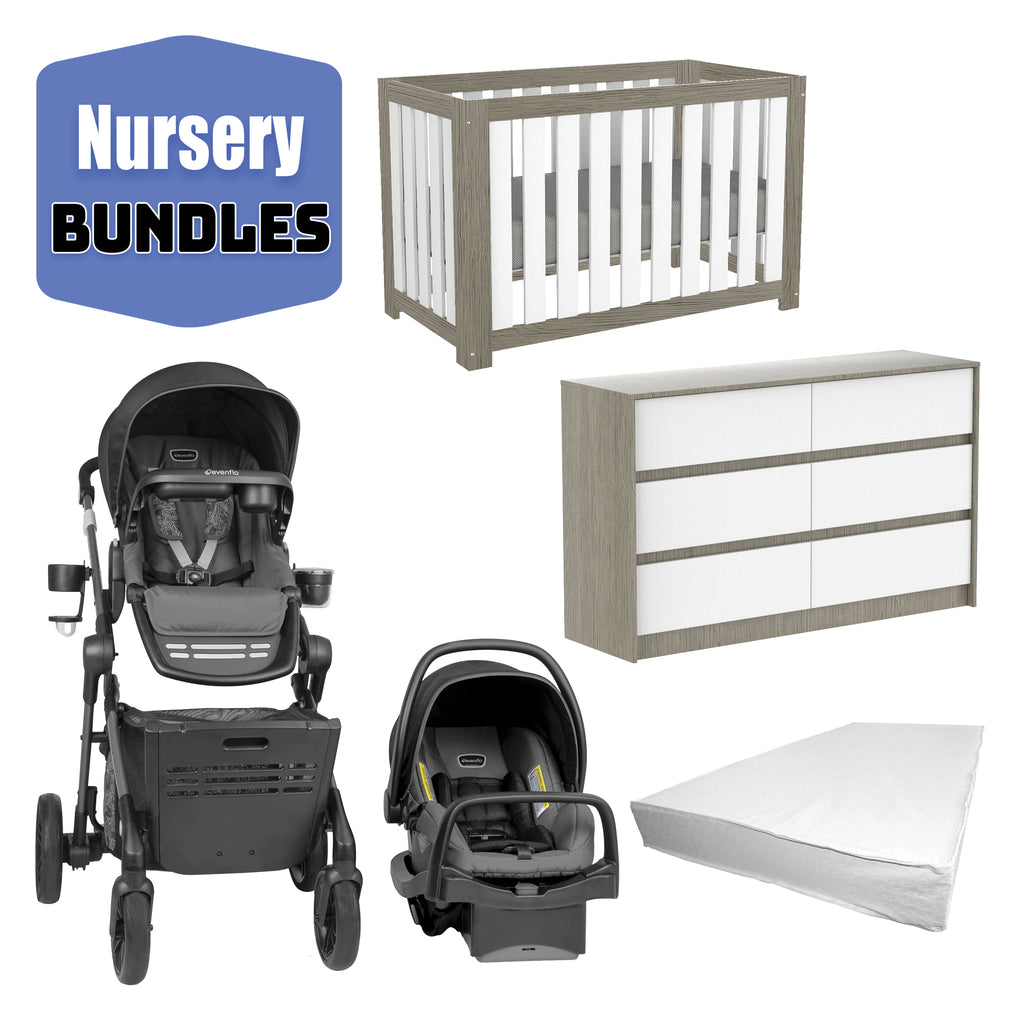 Baby room with convertible crib, stroller, and mattress.