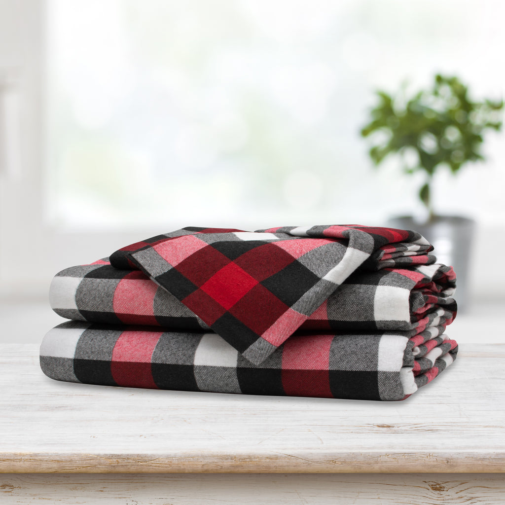 Bebelelo Flannel Red Plaid Printed Double Bed Sheet Set of 4