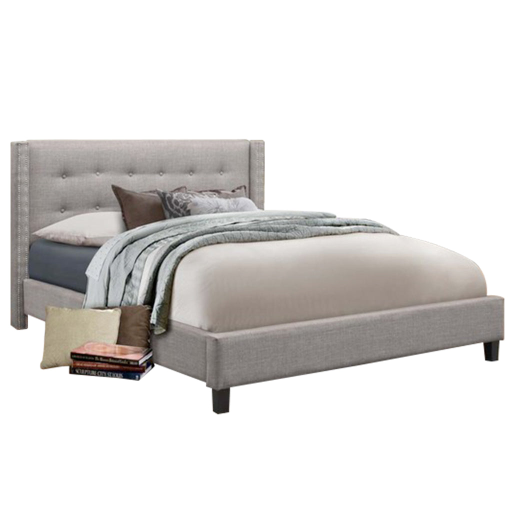 Bebelelo Grey Linen Platform Double Bed with Wood legs for Home Decor