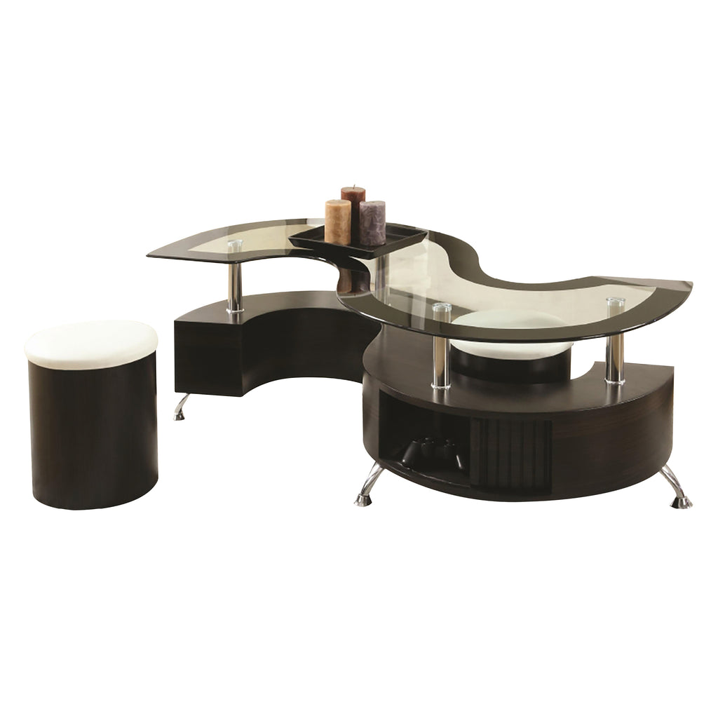 Bebelelo Coffee Table with 2 Stools and Storage, Glass Top and Espresso legs