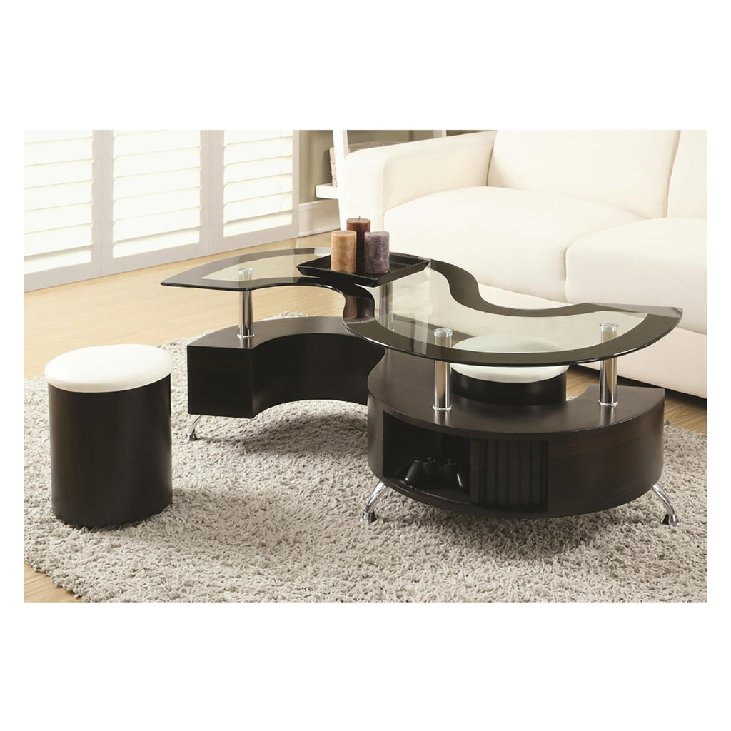Bebelelo Coffee Table with 2 Stools and Storage, Glass Top and Espresso legs