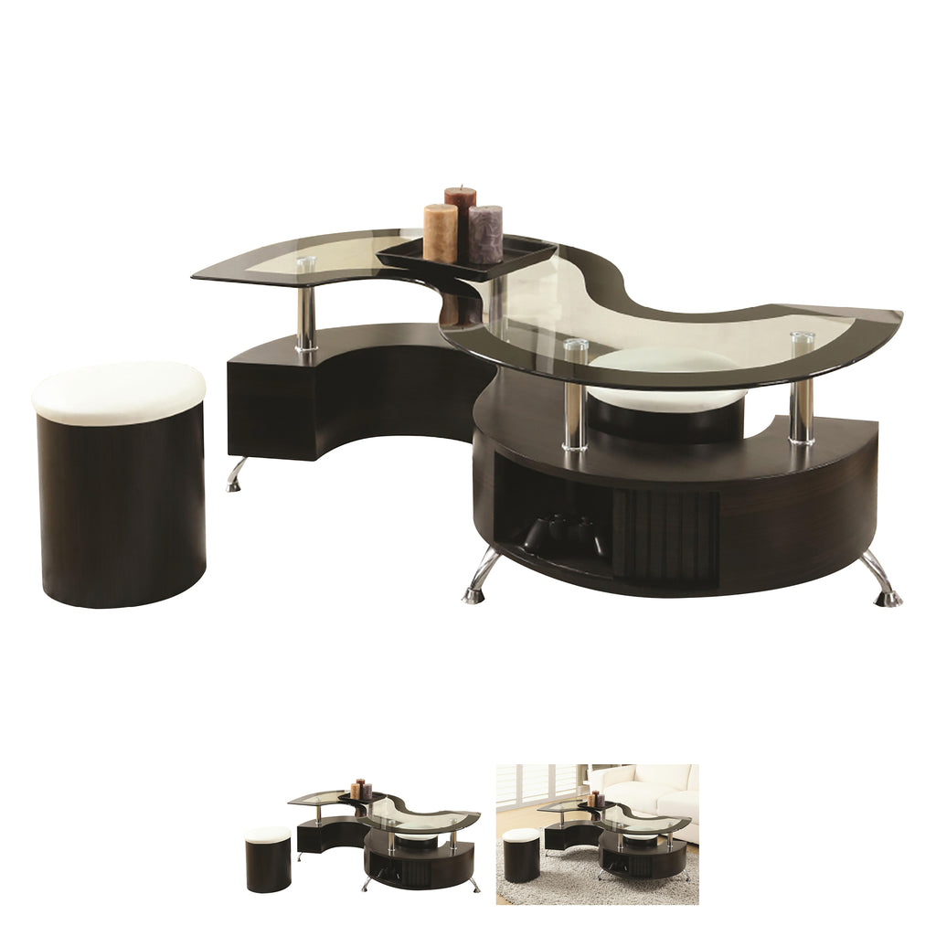 Bebelelo Coffee Table with 2 Stools and Storage, Glass Top and Espresso legs