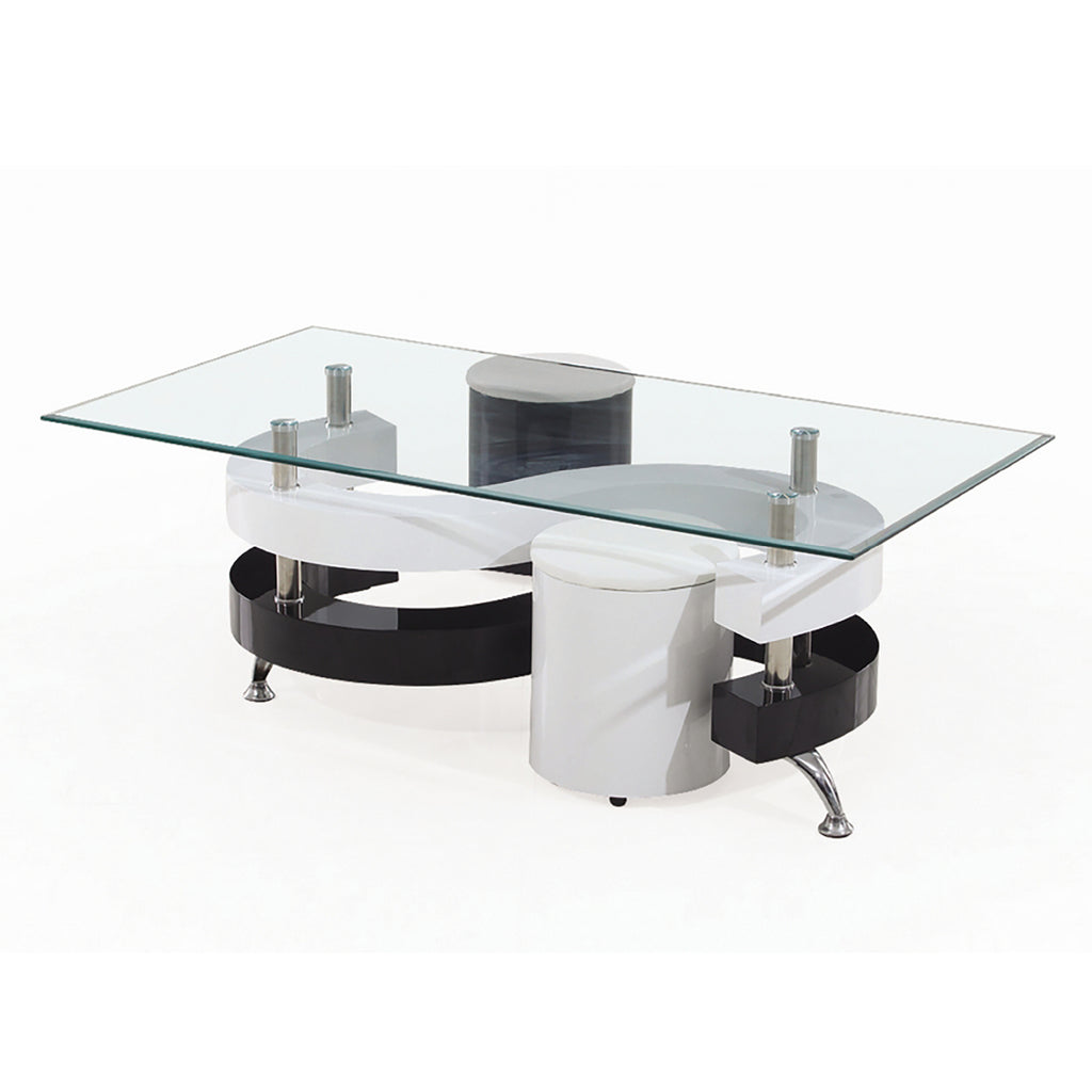 Bebelelo Coffee Table Set with 2 Stools, White Glass Top and Metal Legs