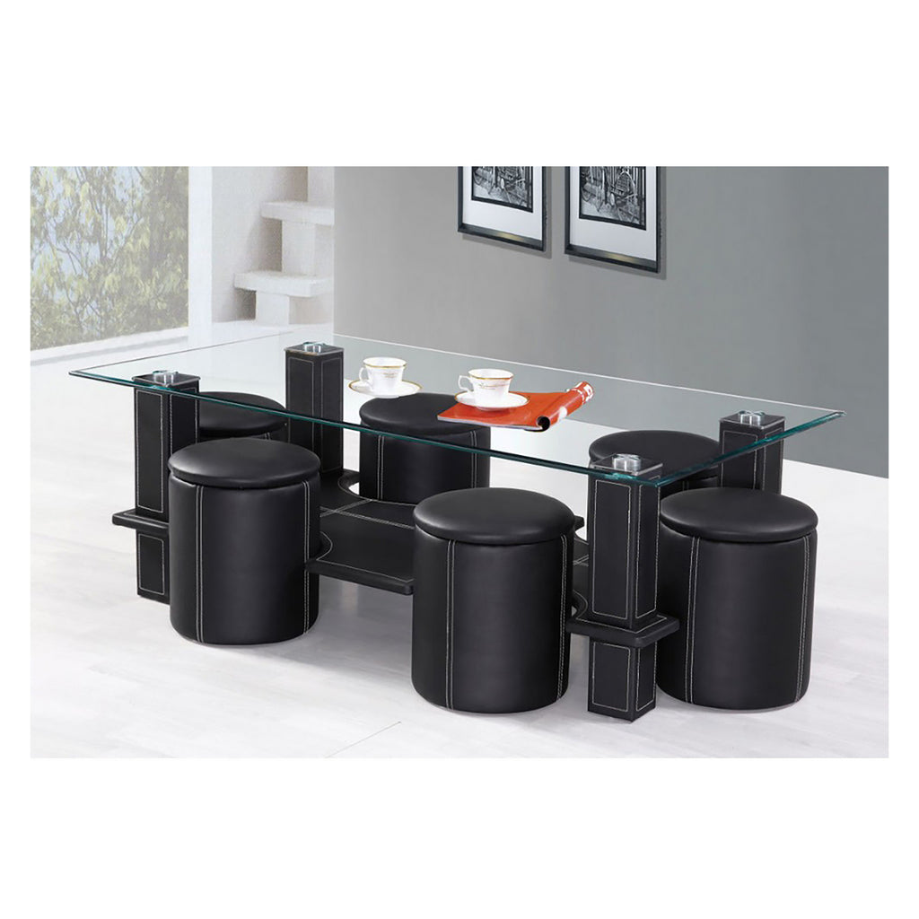 Bebelelo Coffee Table Set with 6 Stools, Black Glass Top and Contrast Stitching
