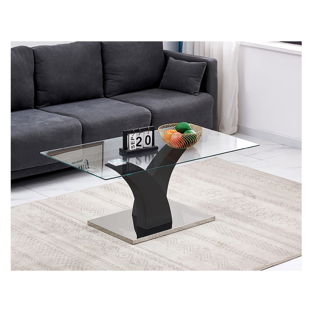 Bebelelo Coffee Table - Tempered Glass Top With Stainless Steel Base, Black Legs