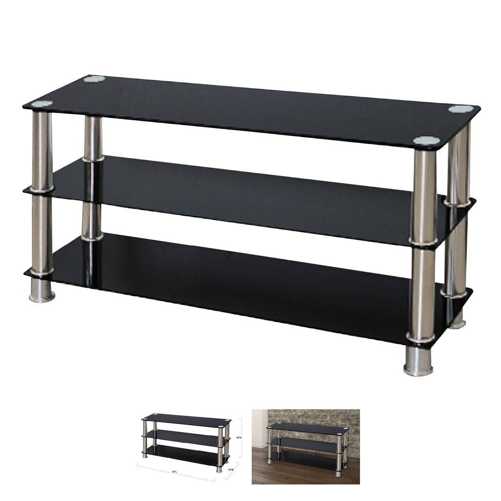 Bebelelo 51"L Modern Tv Stand with 3 Open Shelves, Black with Chrome Legs