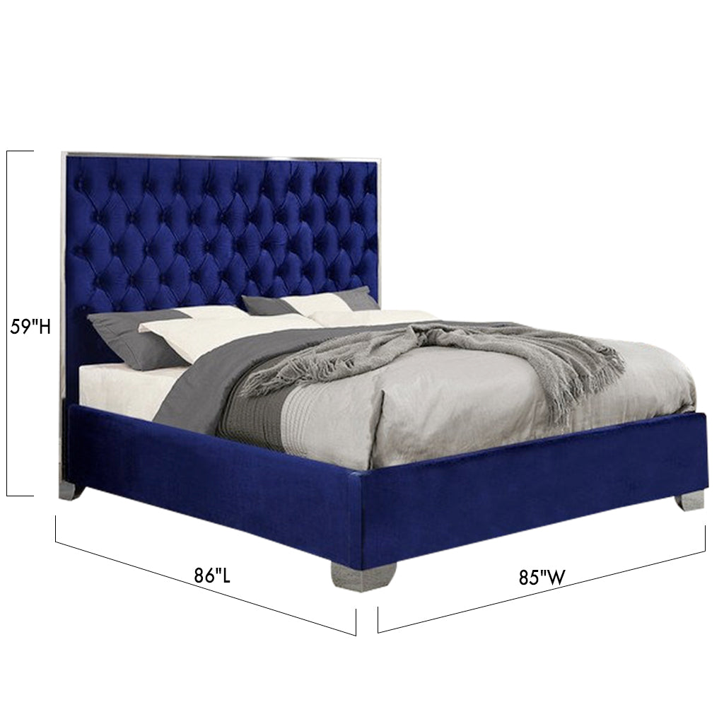 Bebelelo Blue Velvet Platform Queen Bed with Deep Button Tufting