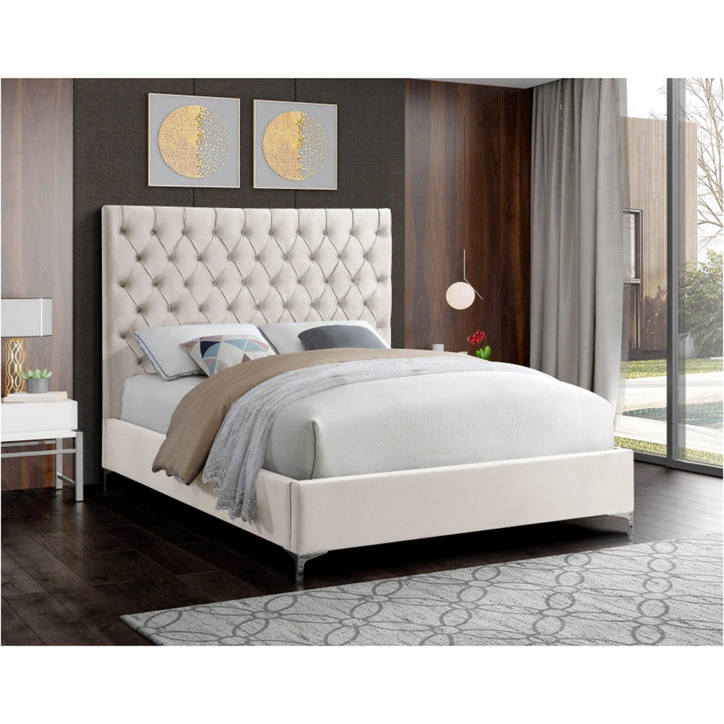Bebelelo Louise Cream Velvet Platform Double Bed with Deep Button Tufting