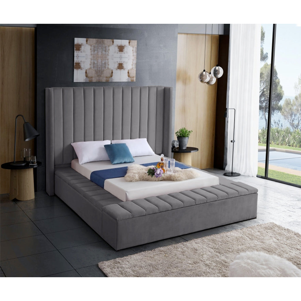 Bebelelo Arielle Grey Velvet Fabric King Bed with 3 Storage Benches