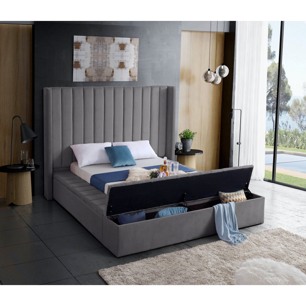 Bebelelo Arielle Grey Velvet Fabric King Bed with 3 Storage Benches