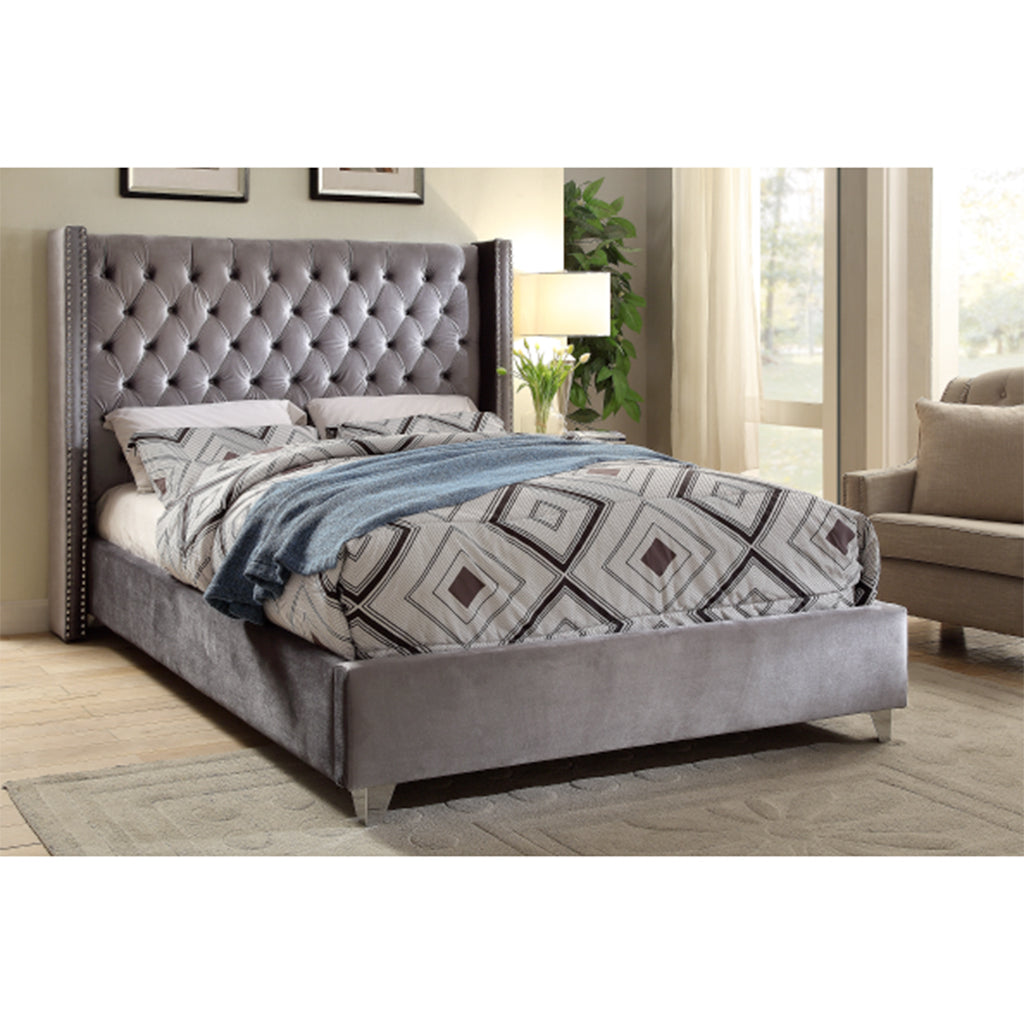 Bebelelo Grey Velvet Fabric Platform Queen Bed with Nailhead Details