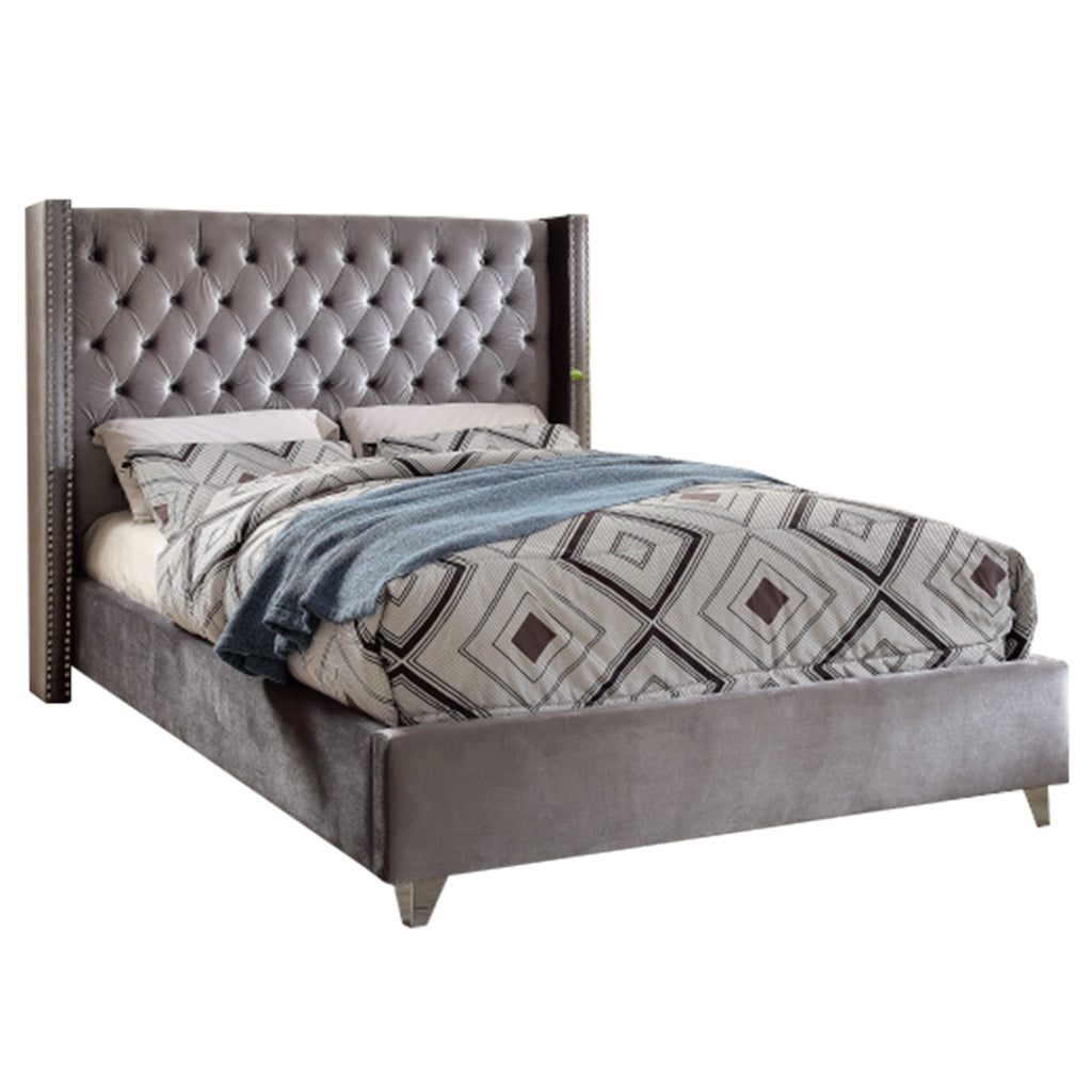 Bebelelo Grey Velvet Fabric Platform Queen Bed with Nailhead Details