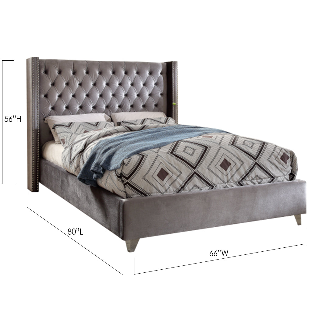 Grey Velvet Fabric Platform Queen Bed with Nailhead Details