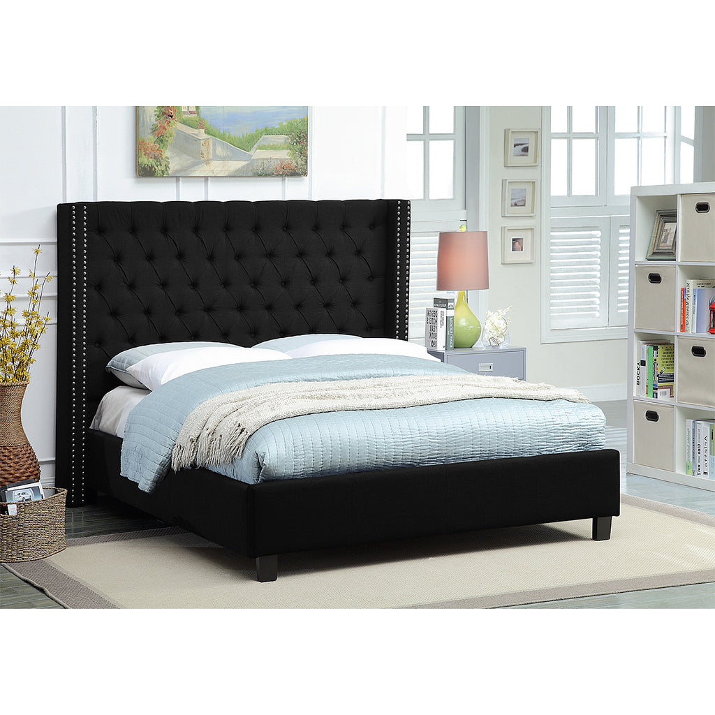 Bebelelo Elaine Black Wing Queen Bed with Button Tufting Nailhead Details