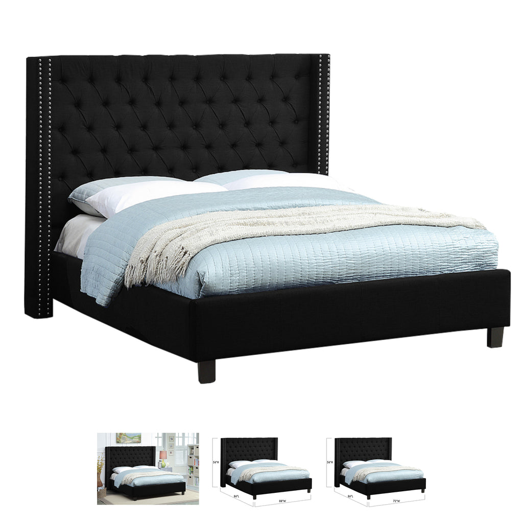 Bebelelo Elaine Black Wing Queen Bed with Button Tufting Nailhead Details